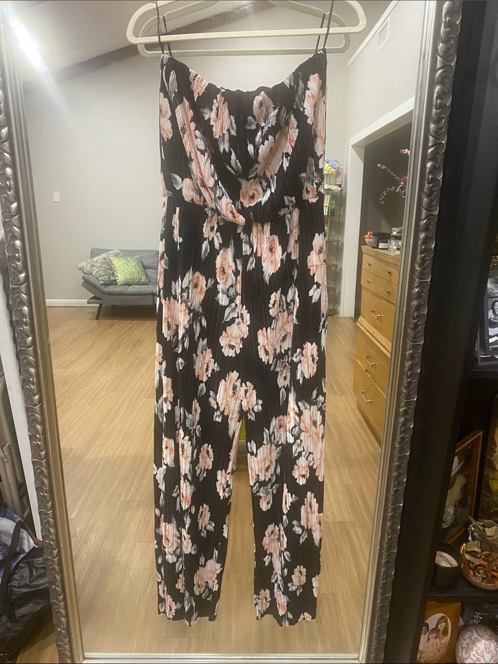 Strapless Floral Jumpsuit in Black and Peach